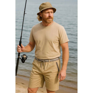 Men's Shorts Lg Tan Gray Accents Linen Blend Elastic Waistband Boho Fisherman